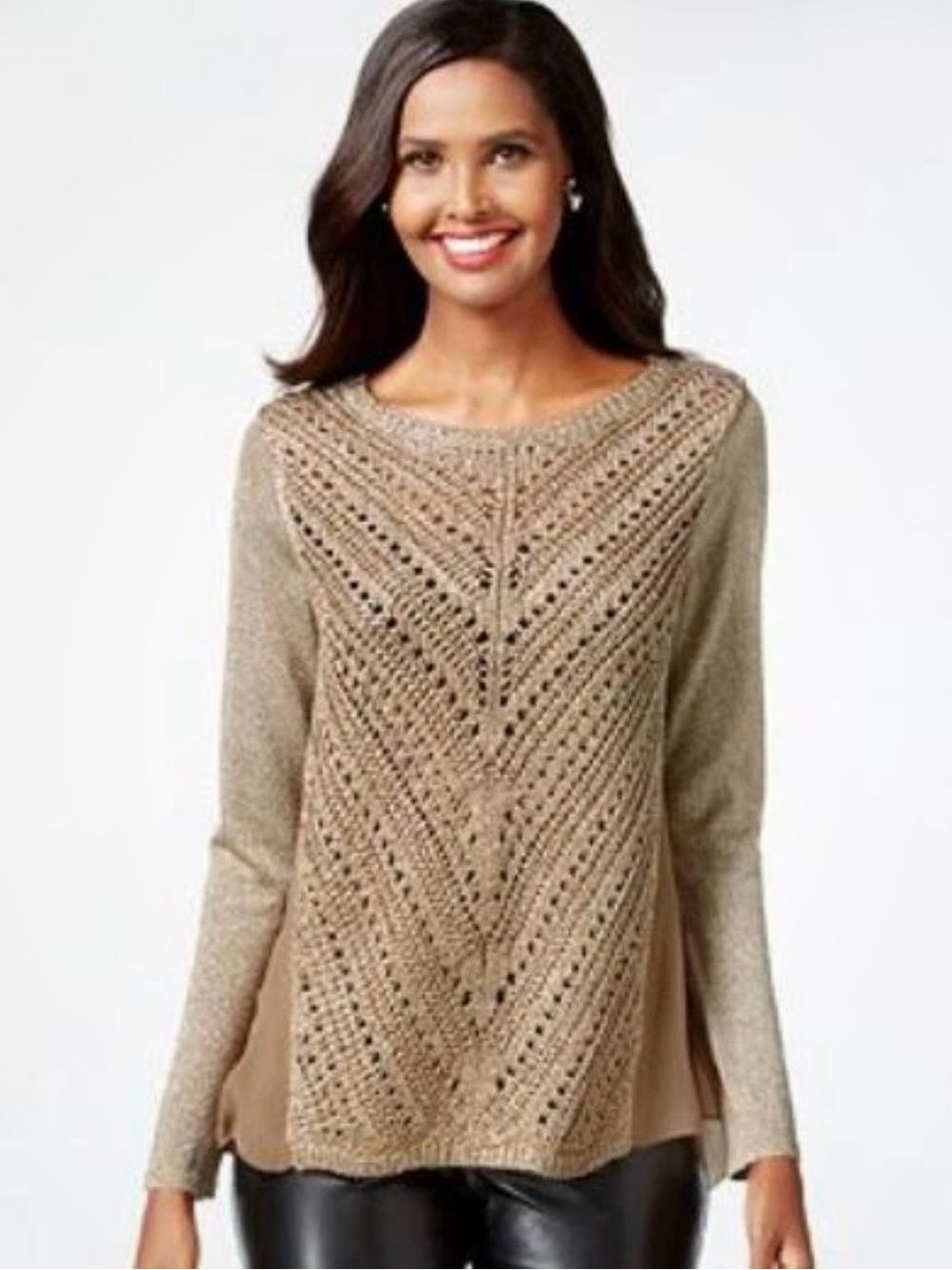 Inc International Concepts Metallic Pointelle Scoop Neck Sweater - Size: Medium